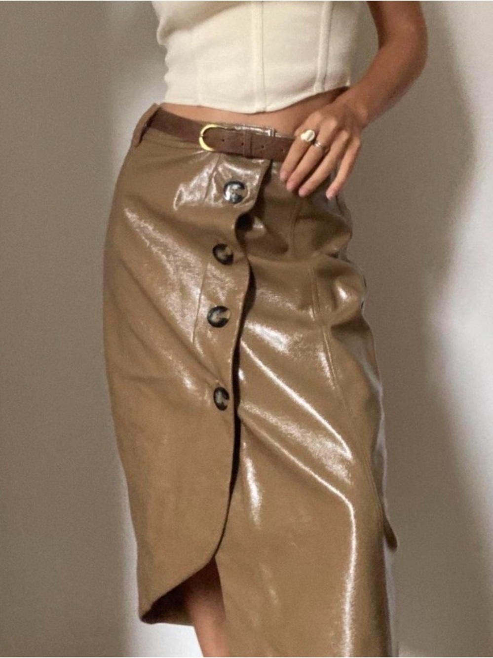 NWT Ganni Brown Leather Asymmetrical Hem MIDI Skirt Size 42